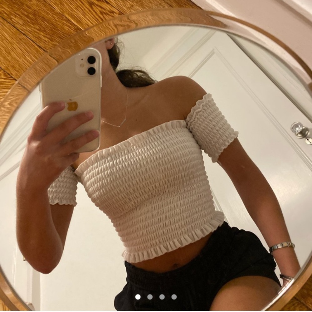 Ribbed White Tube Top with Mini Shoulder Sleeves
